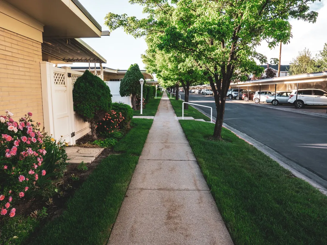 A finished concrete sidewalk beside a landscaped residential property