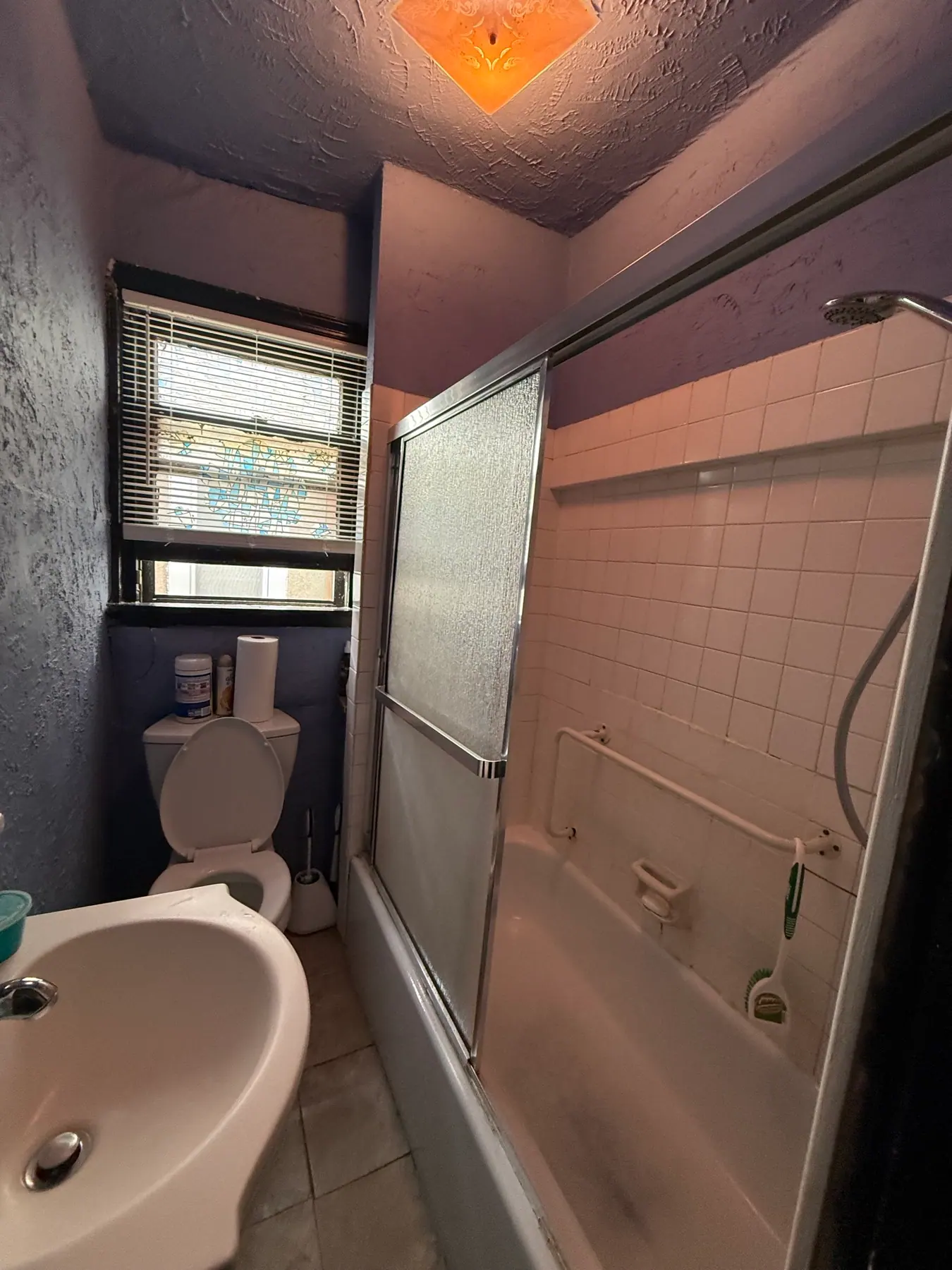 Bathroom before renovation with dark walls, older tub surround, and dated finishes