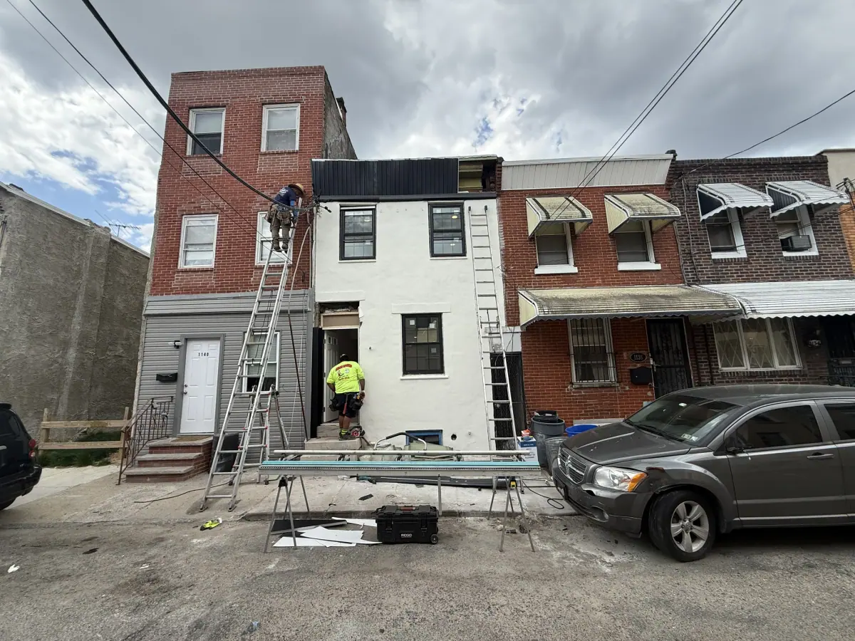Golden Brick exterior work underway on a Philadelphia rowhome